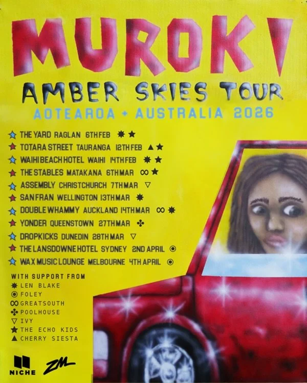 Promotional poster for Muroky Amber Skies Tour 2026 in Australia, listing tour dates and locations from February to April, with a partial image of a woman and a red vehicle.