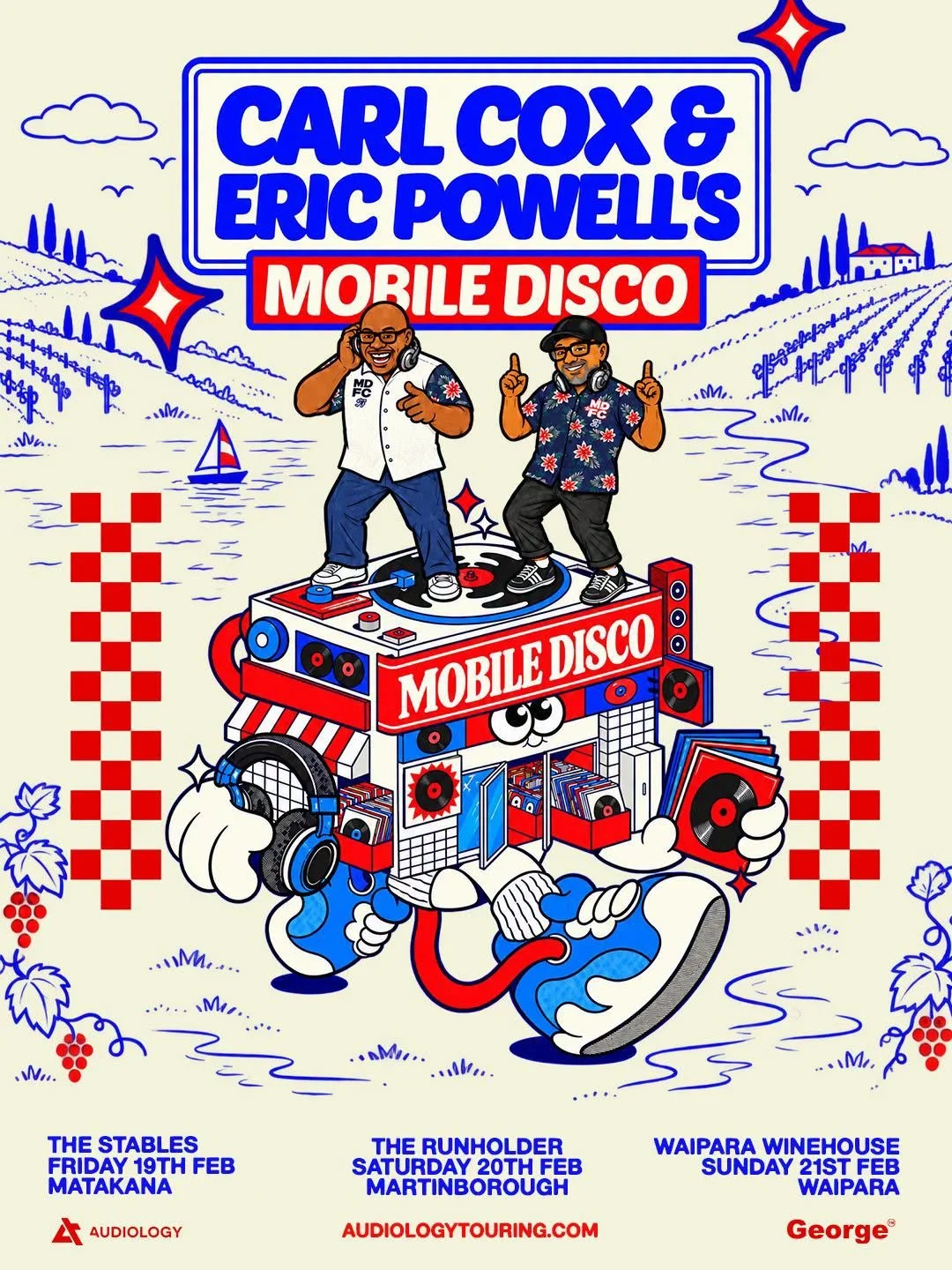 Event poster for Carl Cox and Eric Powell's Mobile Disco, featuring cartoon illustrations of two men with headphones on, standing on a stylized mobile DJ booth with speakers, vinyl records, and a cartoon face. The background shows a landscape with vineyards, a boat on a lake, clouds, and trees. Text includes event dates and locations in New Zealand.