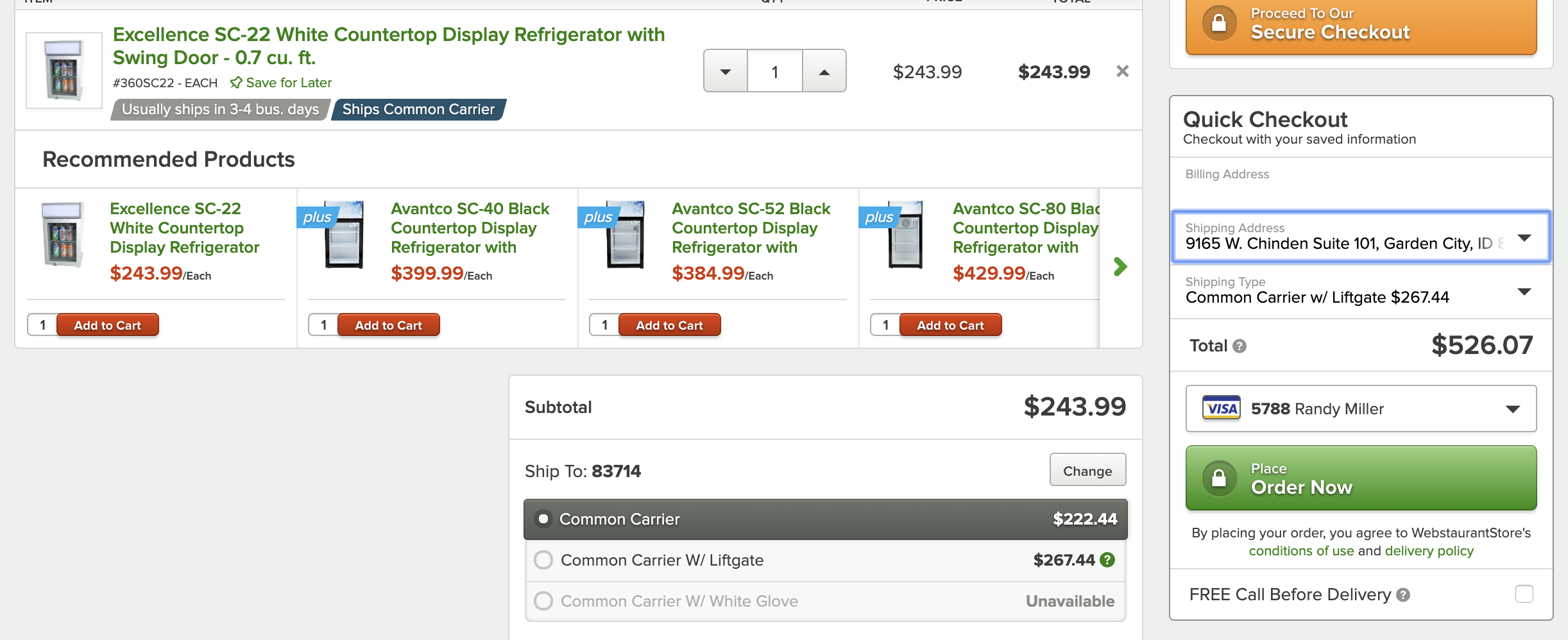 Screen shot of the mini fridge and shipping.