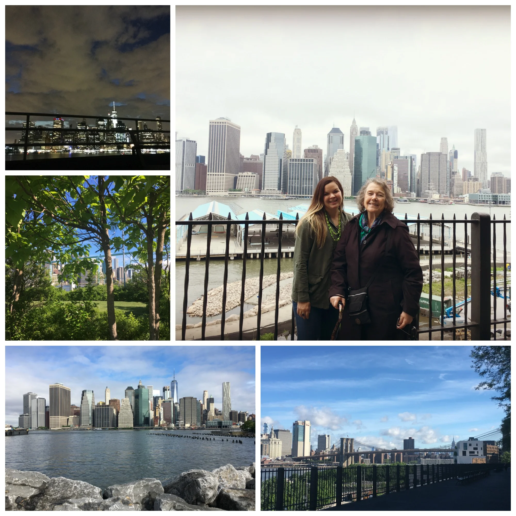Clockwise: view of Manhattan from the roof deck, with DG on the Brooklyn Heights Promenade, view of Manhattan from Pier Park, garden on Pier 6. 