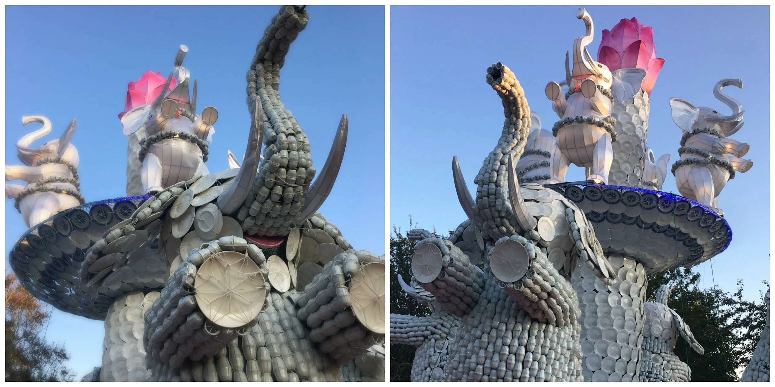 These elephants--which create an elephant fountain of sorts--were made out of tea sets, saucers and plates strung together, none of the elephants exactly the same. 