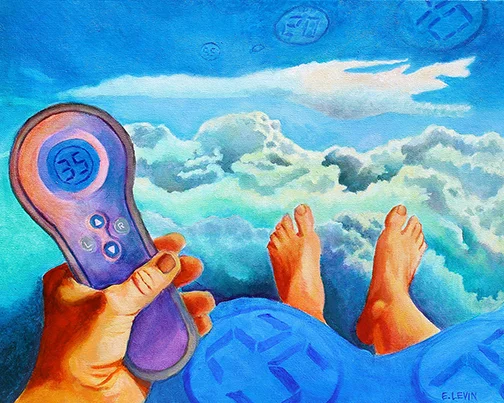 Select Comfort by Edy Pickens Levin acrylic on canvas 16" x 20" I began this piece about Select Comfort, the manufacturers of Sleep Number beds, by imagining myself reclining and immersed in clouds. From a horizontal position, I photographed my left hand and both feet in front of me. I merged the picture of my extended limbs with a digitally contrived imaginary cloudscape. After conceiving of the idea in this format, I began to work with acrylics on canvas. I painted blue-gray layers of opaque cloud formations using varying tones of cerulean and ultramarine blue. Once the initial concept was blocked in, the painting became about playing with layers of color. I used translucent glazes on top of the opaque layers to achieve luminosity. The warm glazes I added in the foreground reference a sunset happening in the nearby stratosphere. As verified by the digital reading on the remote, the reclining figure/viewer is enjoying a Sleep Number setting of thirty-five as she drifts into slumber. Some Sleep Number settings, which occur in multiples of five, are dreamily floating through the sky and are also printed on the blue blanket from which the recliner's feet are peeking.