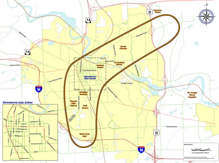 Map of crescent shaped route of the Ann Arbor Connector. The Route runs from the Plymouth road corridor, to downtown Ann Arbor, south to along State Street to Briarwood Mall.