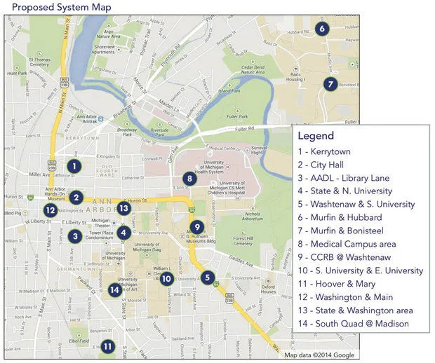 Map of stations around Downtown Ann Arbor and the University of Michigan Campus