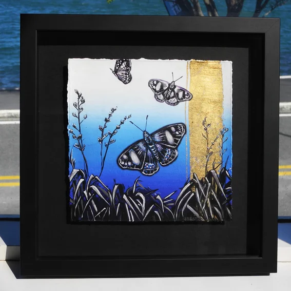 Butterfly Gold Iconic Series - 34 X 34cm - Gold Leaf & Inks - NZ timber framed