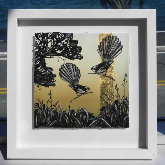 Fantail Gold White Iconic Series - 34 X 34cm - Gold Leaf & Inks - NZ timber framed