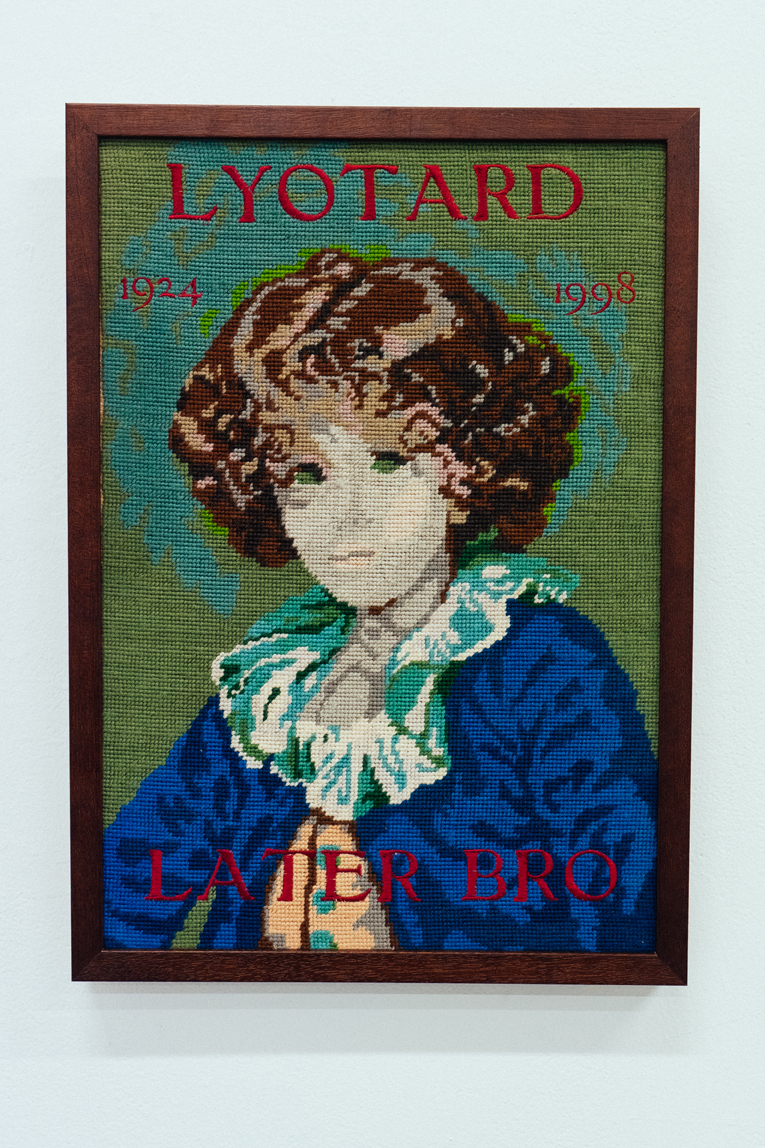   Lyotard , Found cross-stitch image with embroidered text, 2015 