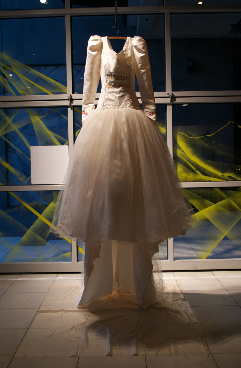   Walter Benjamin , Found wedding dress with embroidery, Homage exhibition, Food Court Gallery, 2015 