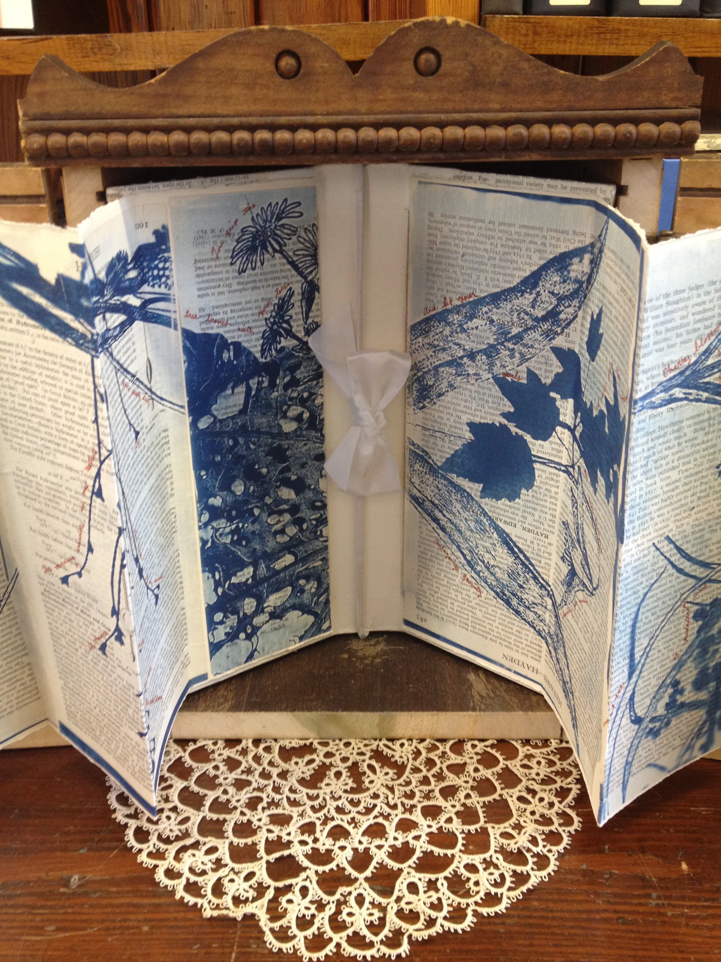 10 x 15"&nbsp;  re-purposed wood, hand-bound hardcover double accordion book, cyanotype images, hand-written text.   