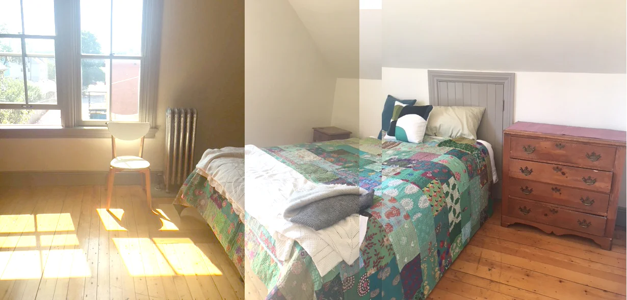 The main bedroom is what is pictured here; and there is also more room to the left, enough for a desk and chair and small parlor area. The images below are of another of the smaller bedrooms, and parts of the kitchen and bathroom.