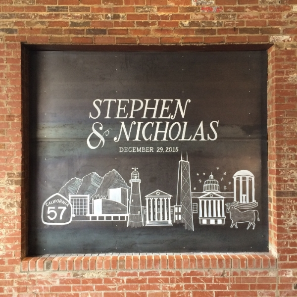 Wonderful custom design and freehand illustration for a couple who wanted to depict landmarks from the places they've lived. In the Front Room at The Cookery.