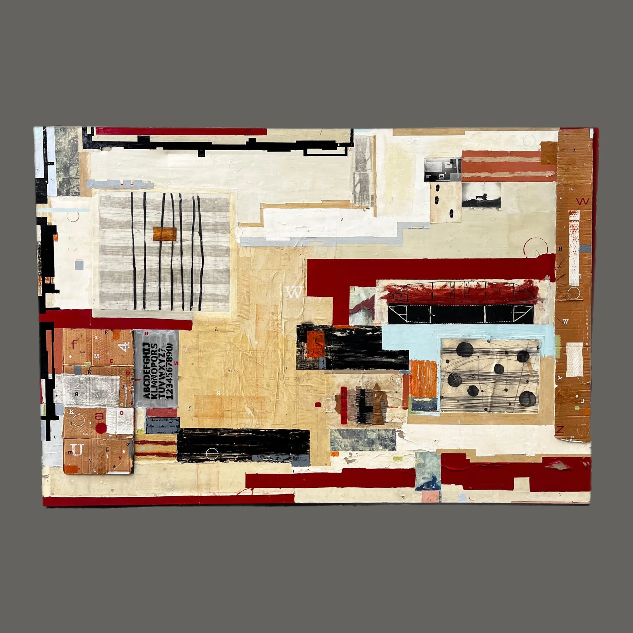   Emilio Said. Arquitectura con franjas rojas (Homenaje a Fernando García Ponce)   Óleo, grabados, planos y collage sobre lino.  150 x 220 cm 