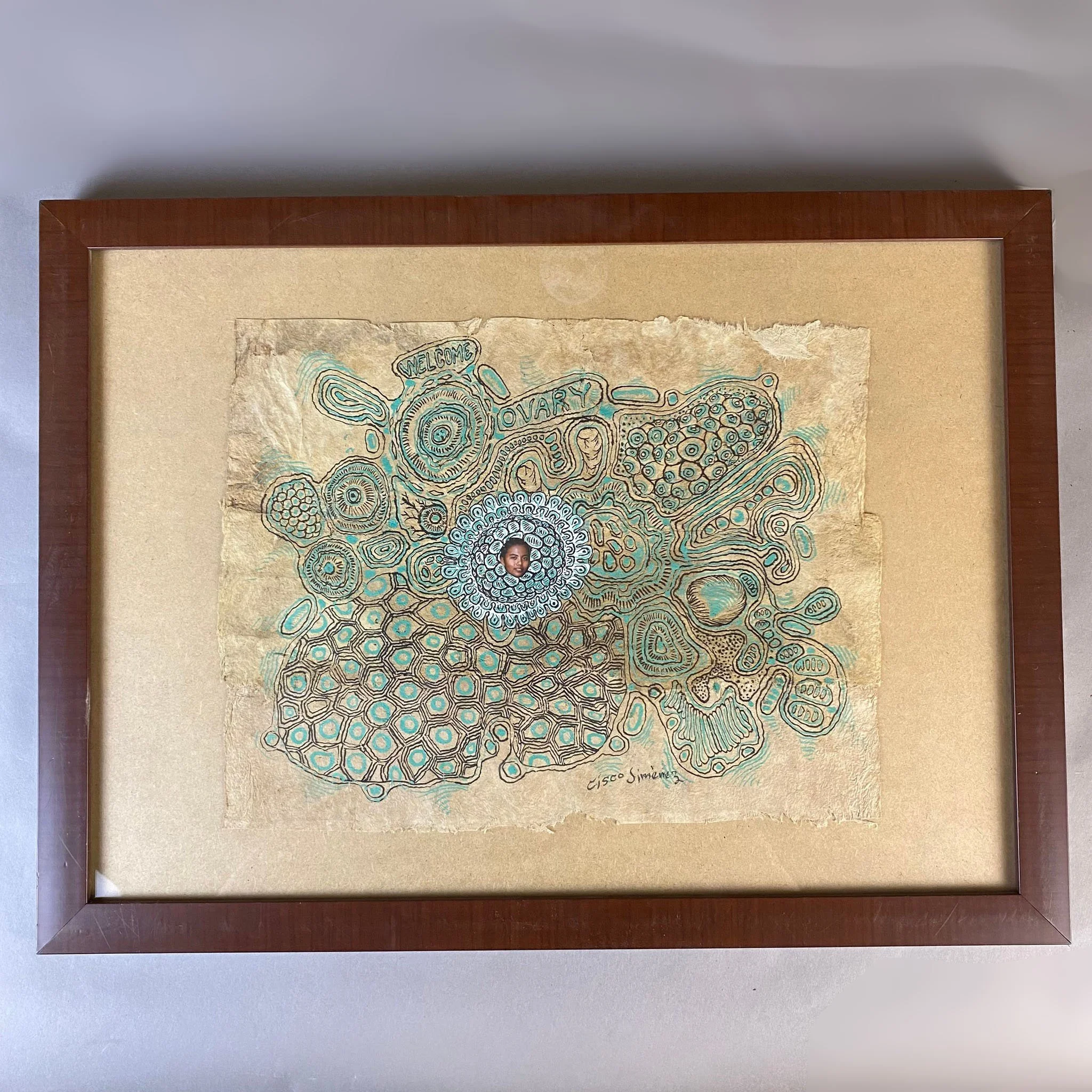  Cisco Jiménez. Sin título (Welcome Ovary). Collage y plumón sobre papel amate. Firmado.  31 x 40 cm. 