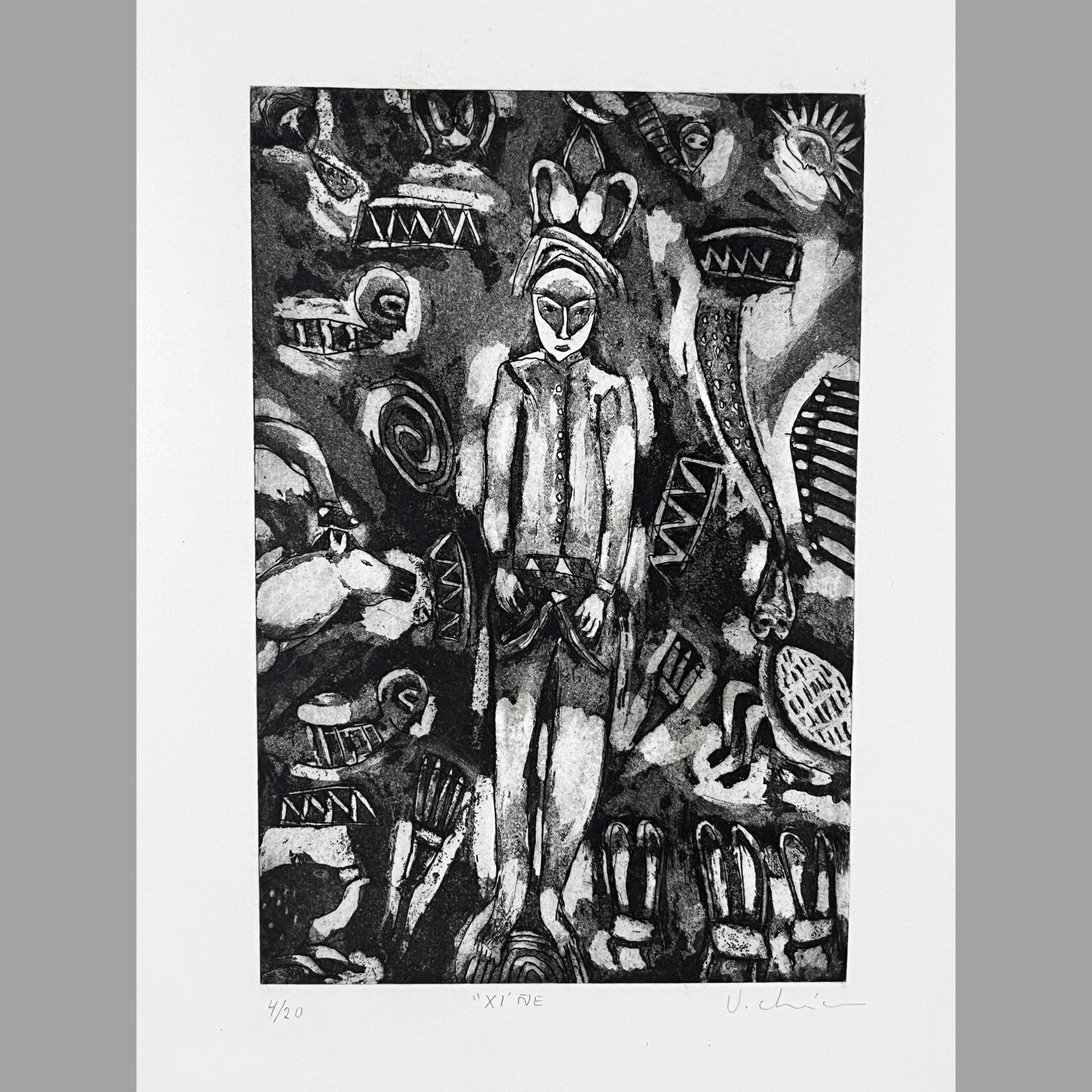  Víctor Chaca. Xiñe. Grabado 4/20. Firmado. Enmarcado.  24 x 16 cm. 