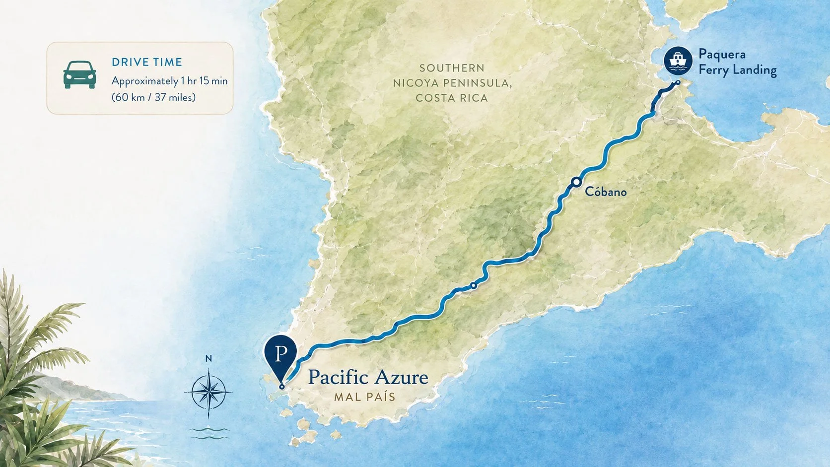 Illustrated route map showing the drive from Paquera Ferry Landing to Pacific Azure in Mal País, Costa Rica, via Cóbano, with approximate drive time of 1 hour 15 minutes.