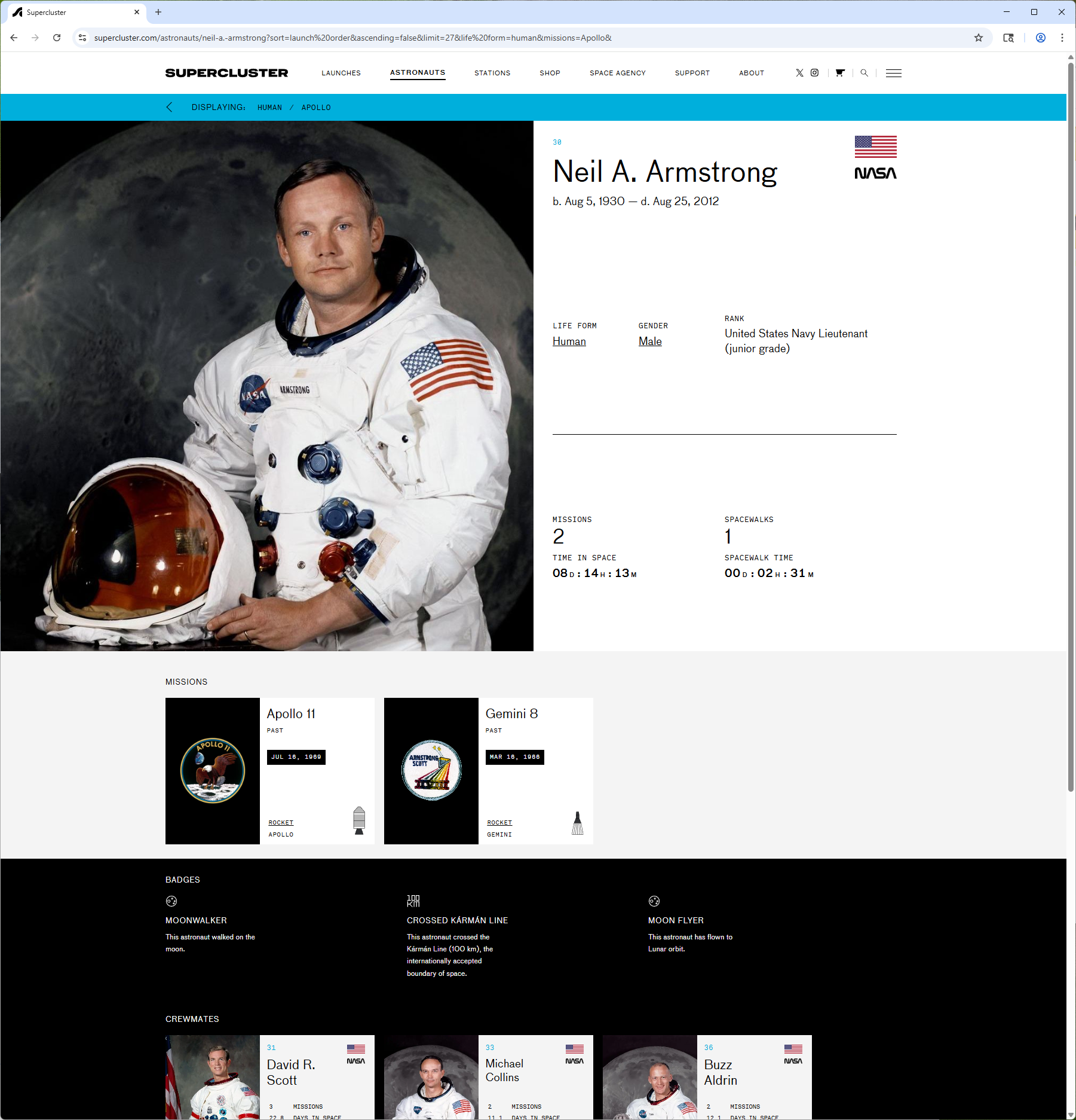  In-house production / Company: Supercluster / Creative Direction, Research, UX Design    The Astronaut Database  is the most complete catalog of everything person, animal, and robot that has ever left planet Earth.  Painstakingly researched, this br
