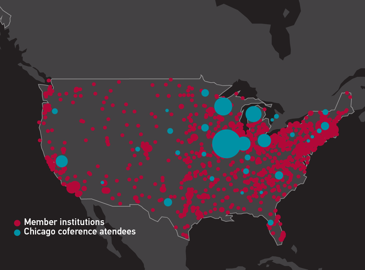 Map of conference attendance created with GIS for a 2014 keynote presentation. 