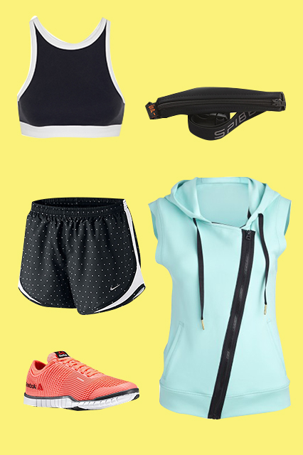 T by Alexander Wang Sandwashed Pique Sports Bra, $130, available at Net-A-Porter ; SPIbelt The Original SPIbelt, $19.98, available at SPIbelt ; Alala Neoprene Vest, $145, available at Carbon38 ; Reebok ZQuick TR, $89.98, available at Reebok ; Nike Women's Polka Dot Print Tempo Shorts, $34, available at John Lewis .