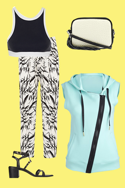 T by Alexander Wang Sandwashed Pique Sports Bra, $130, available at Net-A-Porter; Pour la Victoire Nora Crossbody, $219.99, available at Piperlime; Alala Neoprene Vest, $145, available at Carbon38; Forever 21 Favorite Chunky Sandals, $32.79, available at Forever 21; Alice + Olivia High Waist Pleated Straight Leg Trouser, $145.19, available at Alice + Olivia.
