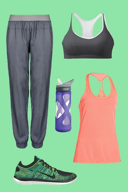 Stella McCartney Essentials Track Pants, $160, available at Stella McCartney ; Champion Shape T-Back Sports Bra, $10, available at Modell's Sporting Goods ; CamelBak The Eddy Glass. 7L, $25, available at CamelBak ; Under Armour Heatgear Fly-By Stretch Mesh Tank, $29.99, available at Champs Sports ; Nike Free 4.0 Flyknit DC Women's Running Shoe, $135, available at Nike .