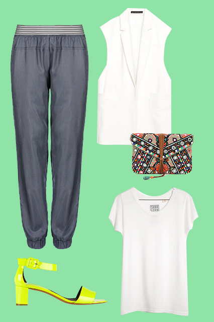 Stella McCartney Essentials Track Pants, $160, available at Stella McCartney ; Zara Combined Waistcoat, $99.90, available at Zara ; Star Mela Jasmin Clutch, $231, available at Shopbop ; SkarGorn #45 tee, $55, available at Madewell ; Bruno Magli Neon Patent-Leather Sandals, $595, available at Net-A-Porter .