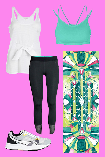 PUMA Trinomic XT 1 Plus Gray Sneakers, $123.85, available at ASOS ; H&M Sports Tights, $34.95, available at H&M ; Lucas Hugh Elite Mesh Tank, $190, available at Lucas Hugh ; LIJA Ultimate Double Strap Bra Top, $50, available a t House of Fraser ; Magic Carpet Yoga Mats Deco Magic Carpet Yoga Mat, $89, available at Magic Carpet Yoga Mats .
