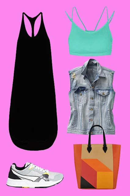 PUMA Trinomic XT 1 Plus Gray Sneakers, $123.85, available at ASOS ; Wilfred Colonne Dress, $165, available at Aritzia ; LIJA Ultimate Double Strap Bra Top, $50, available at House of Fraser ; Gap 1969 Destructed Denim Oversize Vest, $64.95, available at Gap ; Charles & Keith Geometric Print Tote, $69, available at Charles & Keith .