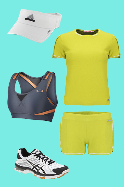 See By Chloé Women's Summer Sweat T-Shirt, $188.76, available at Coggles ; See By Chloé Women's Piquet Sweat Shorts, $188.76, available at Coggles ; Asics GEL-Volleycross Revolution Volleyball Shoe, $109.95, available at Nordstrom ; Oakley Achievement Bra, $49.50, available at Oakley ; adidas Adizero 2 Visor, $18, available at adidas .