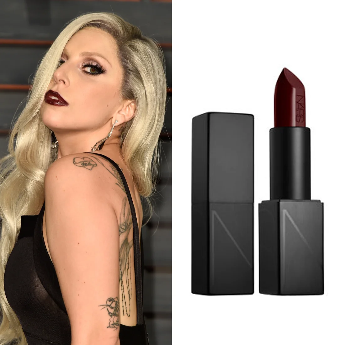 Lady Gaga at the Oscars At the Vanity Fair Oscars party, Lady Gaga switched up from her bright red lip to something moodier. Makeup artist Sarah Tanno applied Nars Audacious Lipstick in Bette ($44) to give the singer a more dramatic after-party look. Image Source: Getty Read More Oscars Beauty Nars Celebrity Beauty Award Season Beauty Shopping Oscars Golden Globe Awards Red Carpet Lady GaGa