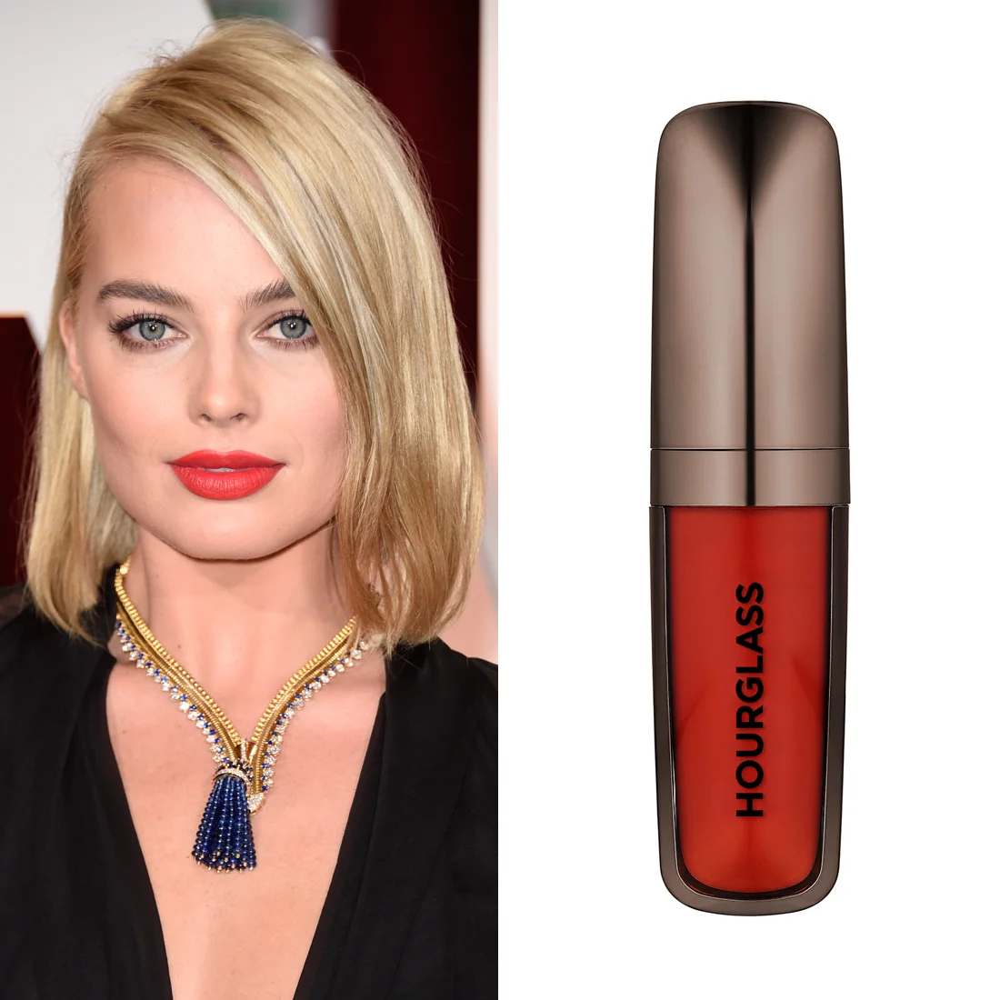 Margot Robbie at the Oscars Want Margot's fire-red lip colour from the Oscars red carpet? Swipe on Hourglass Opaque Rouge Liquid Lipstick in Raven ($38). It's the exact statement shade makeup artist Tyron Macchausen used on the Aussie actress. Image Source: Getty Read More Oscars Beauty Celebrity Beauty Award Season Beauty Shopping Oscars Golden Globe Awards Hourglass Cosmetics Margot Robbie Red Carpet