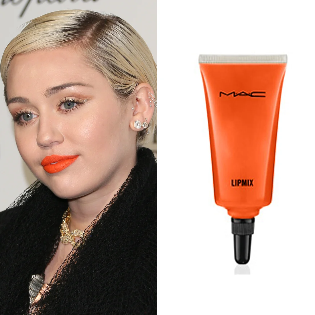 Miley Cyrus at the Oscars Miley's bright orange lipstick was a mix of three different shades. First, makeup artist Pati Dubroff layered Mac Cosmetics Lipsticks in Neon Orange and Morange ($36 each). Then, she added a topcoat of Lipmix in Orange ($25) to get the traffic-cone hue. Image Source: Getty Read More Oscars Beauty Celebrity Beauty Award Season Beauty Shopping Oscars Golden Globe Awards MAC Cosmetics Red Carpet Miley Cyrus