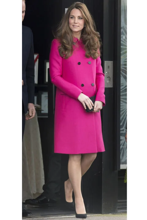 What: Mulberry coat When: March 27 Where: Making her last public appearance before the royal baby arrives while visiting the Stephen Lawrence Centre with Prince William. Does the bright pink hue hint at a royal baby girl on the way? Let the official royal baby watch begin.