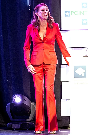 Lady in Red The fierce brunette took the plunge in a strawberry-hued tuxedo sans shirt — though with a red lace bra — at the Point Foundation's 4th Annual Voice Dinner in L.A. on Oct. 3, 2015. Read more: http://www.usmagazine.com/celebrity-style/pictures/caitlyn-jenner-best-style-moments-2015157/47824#ixzz3qRIorUog Follow us: @usweekly on Twitter | usweekly on Facebook