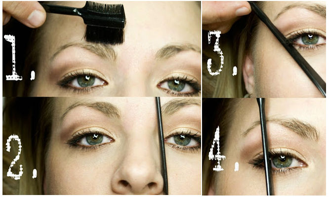 1) Brush your eyebrows. You should always pay attention to their natural growth direction! 2) Take a pencil and hold it vertically from the nostril to the inner corner of the eyebrow. 3) Define the right length of your brows by placing a pencil diagonally from the base of the nose to the outer corner of your eye. The brow should end where the pencil and your brow meet. 4) Define the right place for the arch (the peak of your brow). Here you need to hold the pencil vertically from the outer iris. Now you can remove some hair from underneath to enhance the arch.