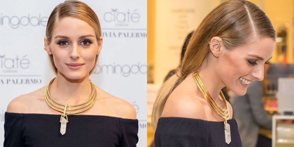 NOVEMBER 6, 2015 Who: Olivia Palermo What: A Low Ponytail How-To: Palermo is known for bouncy blowouts and beach waves (the East Coast version), but she moved away from her signature with a strict side part and slick shine. But that was just from the front: The back revealed the lowest, loosest, softest ponytail—just the thing to balance the style out. Editor's Pick: Ciaté London Olivia Palermo Smoky Suedes Eye Palette, $39, sephora.com . GETTY