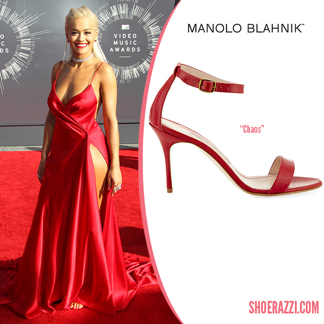 Credit: FayesVision/Wenn Rita Ora wore Manolo Blahnik Chaos sandals to the 2014 MTV Video Music Awards. They feature red leather, thin straps and 105mm heel. Chaos is available in several styles at Neiman Marcus , or mirrored silver leather & black patent leather at Saks Fifth Avenue. Outfit Details : Donna Karan Atelier custom wrap effect red silk gown, a romantic red lip plus diamonds from Lorraine Schwartz and ruby studded earrings. Check out more shoes spotted on Rita . Designer(s): Manolo Blahnik , Style(s): Sandals Posted in: Celebrity , Tag(s): 2014 MTV , 2014 MTV Video Music Awards , Ankle Strap , Chaos , designer heel , Designer Sandal , Manolo Blahnik , Red Leather , Rita Ora , Sandal , shoerazzi