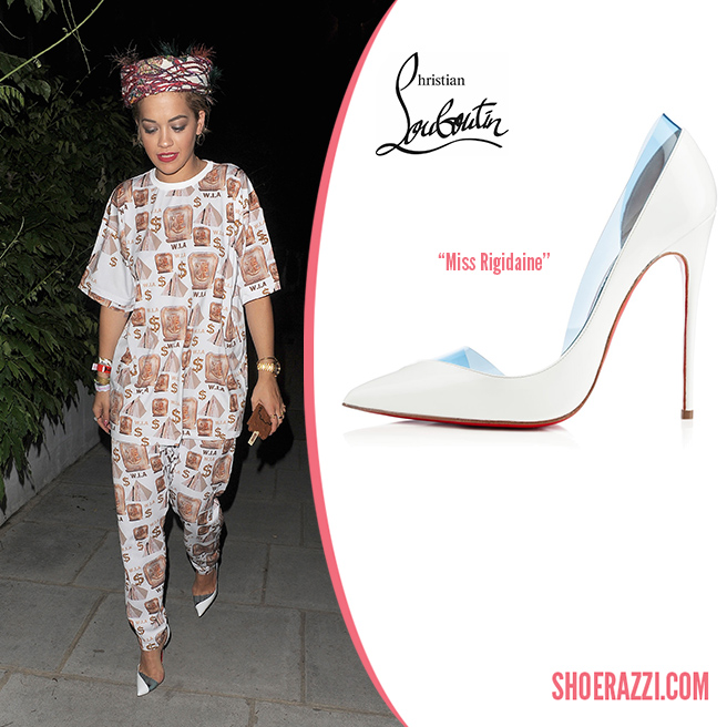 Credit: Will Alexander/Wenn Rita Ora was spotted out leaving a studio in London wearing Christian Louboutin Miss Rigidaine d’Orsay pumps. They’re from the Spring 2014 collection featuring white leather, half d’Orsay design, panels of aquamarine PVC and 120mm heel. We’ve also seen these beautiful shoes on Katy Perry , Naomie Harris and Cate Blanchett . You can find new fall styles at Neiman Marcus and Saks Fifth Avenue . Outfit Details : W.I.A. Collections Rich Egipt long tee , matching crop pants , colorful stripped fuzzy bandeau and Moschino Ice Cream phone case. Check out more shoes spotted on Rita . Designer(s): Christian Louboutin , Style(s): Pumps Posted in: Celebrity , Tag(s): christian louboutin , d'Orsay , designer heel , Designer Pump , designer shoe , Designer Shoes , London , Miss Rigidaine , Pump , Rita Ora , shoerazzi , Spotted , Studio