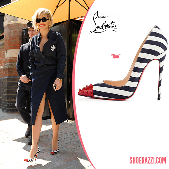 Credit: Wenn Rita Ora was spotted leaving her hotel in London wearing Christian Louboutin Geo pumps. They’re from the Spring 2014 collection featuring striped navy & white cotton, spiked red patent leather cap-toe and 120mm heel. Geo is available in black suede at Christian Louboutin and you can also find the latest styles at Saks Fifth Avenue and Neiman Marcus . She wore a denim-on-denim outfit by Être Cécile including a long sleeve button-up top with the words ‘To Be’ embroidered in leopard on the back and wrap pencil skirt with a fleur-de-lis embroidered on the back pocket from the Fall 2014 collection . Rita accessorized with G-Star Raw Fat Wilton sunglasses , her favorite Jennifer Fisher Jewelry custom Rita nameplate necklace, Cartier XL Juste un Clou bracelet and oversized gold chain link earrings. Check out more shoes spotted on Rita . Designer(s): Christian Louboutin , Style(s): Pumps Posted in: Celebrity , Tag(s): christian louboutin , designer heel , Geo , London , Pump , Rita Ora , shoerazzi , Spring 2014 collection