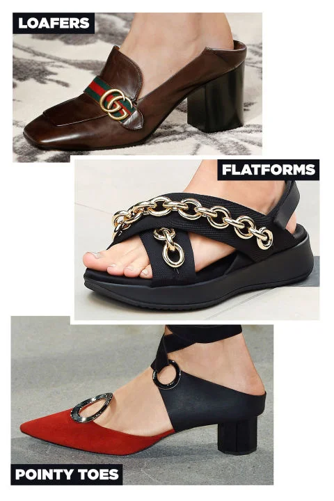 Designers embraced an impressive mix of accoutrements for spring, with Gucci's loafer mules, Proenza Schouler's pointy-toed versions with metal rings, and Burberry Prorsum's chain-trimmed chunky sandals at the head of the class.