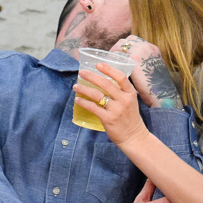 Cameron Diaz's Engagement Ring It was a blink-and-you'd-miss-it engagement for Cameron Diaz and Benji Madden . The duo was married less than one month after the rocker popped the question to the blonde beauty, but we're still ogling at what appears to be her engagement ring! This delicate gold band with a non-traditional hanging diamond seems like the perfect bridal bling for this non-conformist bride. Photo: Getty Images