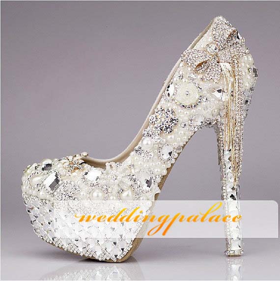 NEW Hot  White Beautiful Vogue lace Flowers Crystal High Heels Wedding Shoes 