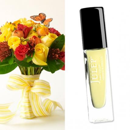 Summer gets a dose of fresh with a lemon chiffon crème called Lilou by Julep ($14; julep.com ) paired with this playful monarch butterfly bouquet of bright yellow and red roses, tangerine ranunculus and lemon leaf greens by Prudence Designs ( prudencedesignsnyc.com ).