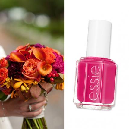 Turn up the volume on the dance floor with the vivacious “Haute in the Heat” from the new Essie Summer Collection ($8.50; essie.com ), a perfect accent to this vibrant summer clutch of coral roses, mango calla lilies, sorbet peonies, exotic freesia, orchids, dahlias with modern twisted stems by Stone Kelly ( stonekelly.com ).
