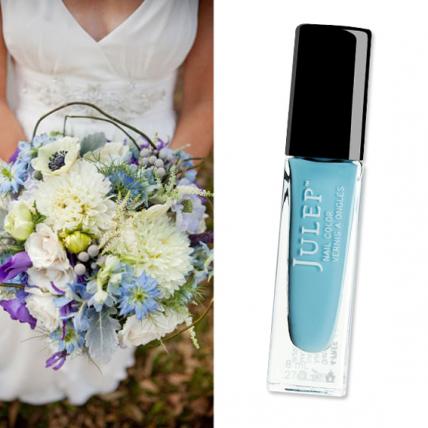 Take a cue from the sky with “Something Blue”- a soft blue creme by Julep ($10; julep.com )- a whimsical pairing for this natural fresh-picked bouquet of blossoms and berries by Hatch Creative Studio ( hatchcreativestudi SOURCE