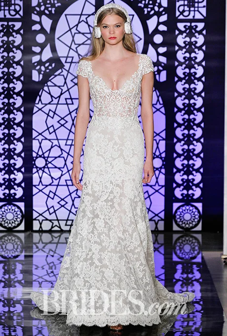 Embroidered illusion wedding dress with flared lace skirt and cap sleeves, Reem Acra Photo: Luca Tombolini and Alberto Maddaloni / Indigitalimages.com
