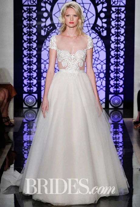 Tulle circular skirt wedding dress with embroidered illusion bodice, Reem Acra Photo: Luca Tombolini and Alberto Maddaloni / Indigitalimages.com