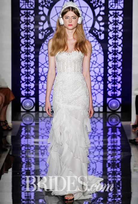 Embroidered strapless corset wedding dress with chiffon ruffle skirt, Reem Acra Photo: Luca Tombolini and Alberto Maddaloni / Indigitalimages.com
