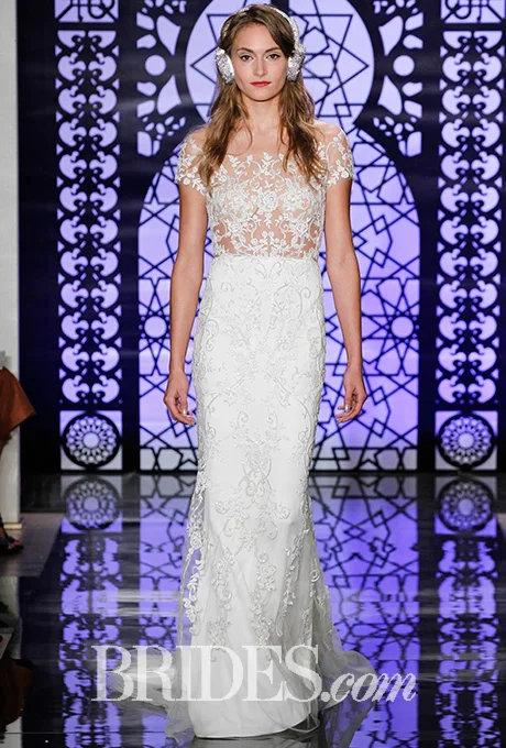 Embroidered illusion wedding dress with cap sleeves, Reem Acra Photo: Luca Tombolini and Alberto Maddaloni / Indigitalimages.com