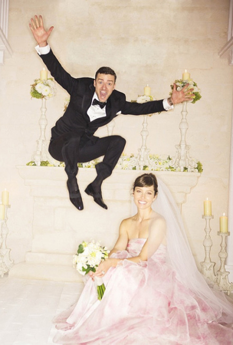 Photos: via Tumblr Jessica Biel Many were shocked Biel didn't wear white to marry Justin Timberlake in Puglia, Italy in October 2012, but the actress stunned in a voluminous, petal-pink Giambattista Valli wedding dress . The custom-made creation echoed a different design from Valli's spring 2012 haute couture collection. Biel made the look bridal by swapping the runway's red color for the more feminine hue and toning down the dramatic silhouette — her Audrey Hepburn-esque hairstyle and flowing veil helped as well.