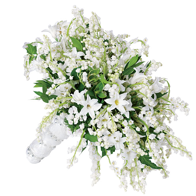 Photo: Diane Fields The Bouquet Brides loved Kate's shield-shaped clutch of lilies of the valley, sweet williams, hyacinths, and myrtle. But the price? Not so much. "Everyone wants lily of the valley in the mix," says Donna O'Brien of Philadelphia's Beautiful Blooms. "But they can't afford a whole bouquet of it—it's too expensive." Instead, says New York event designer Jes Gordon, cost-conscious customers are subbing in less pricey blooms, like andromedas, mini calla lilies, and white lilacs. Bouquet of lilies of the valley, sweet williams, and hyacinths, $1,000, Beautiful Blooms Browse photos of white wedding bouquets in our gallery.
